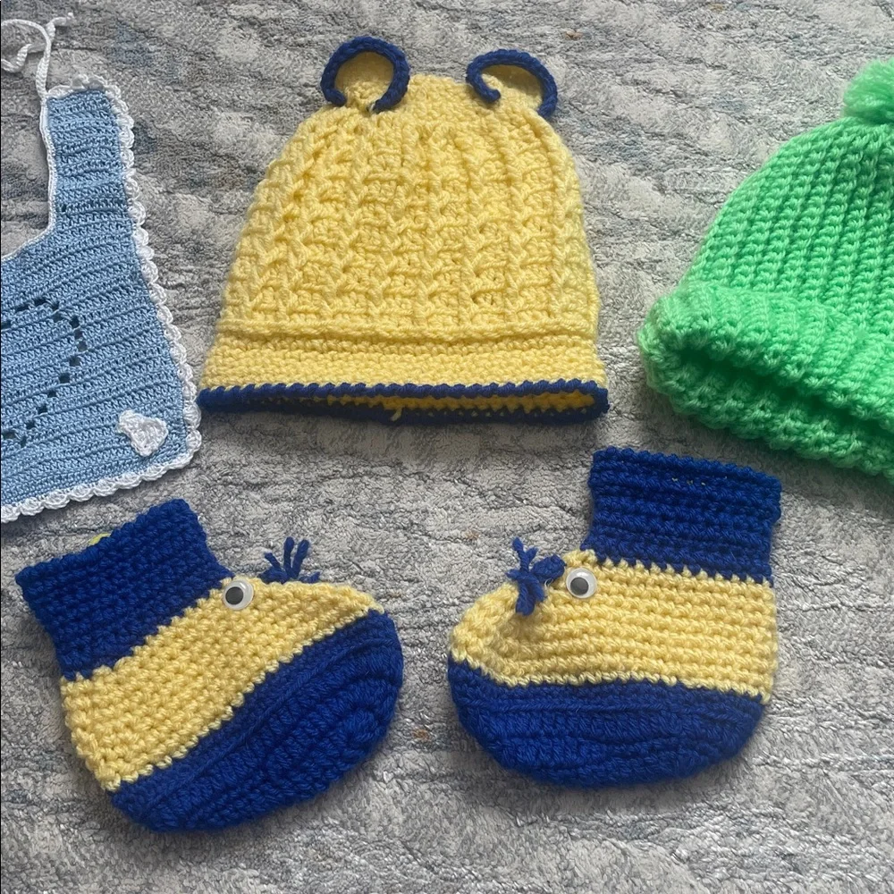 Handmade Kids Knit Hat, Booties & Bib Set - Yellow, Blue, Green